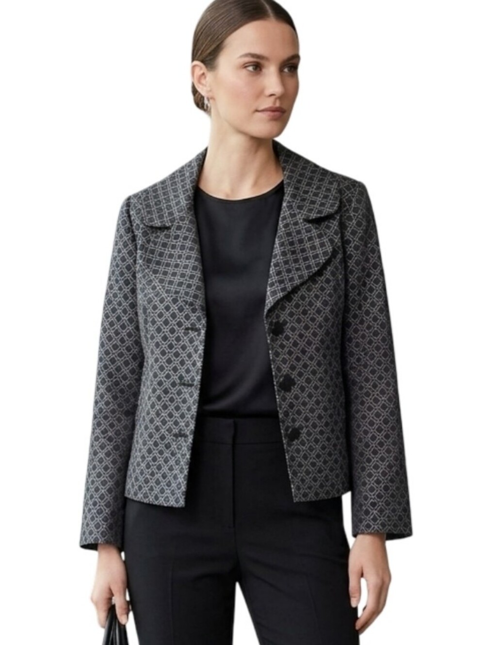 VTG Harold's Cropped Blazer Jacket M Black Charcoal Geometric Jacquard Brocade